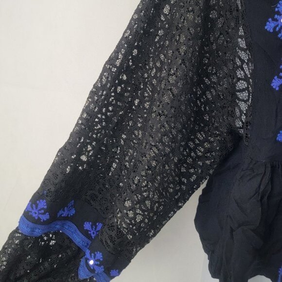 FREE PEOPLE Womens LARGE Shirt Blouse Boogie All Night Lace Black Blue - Picture 3 of 12